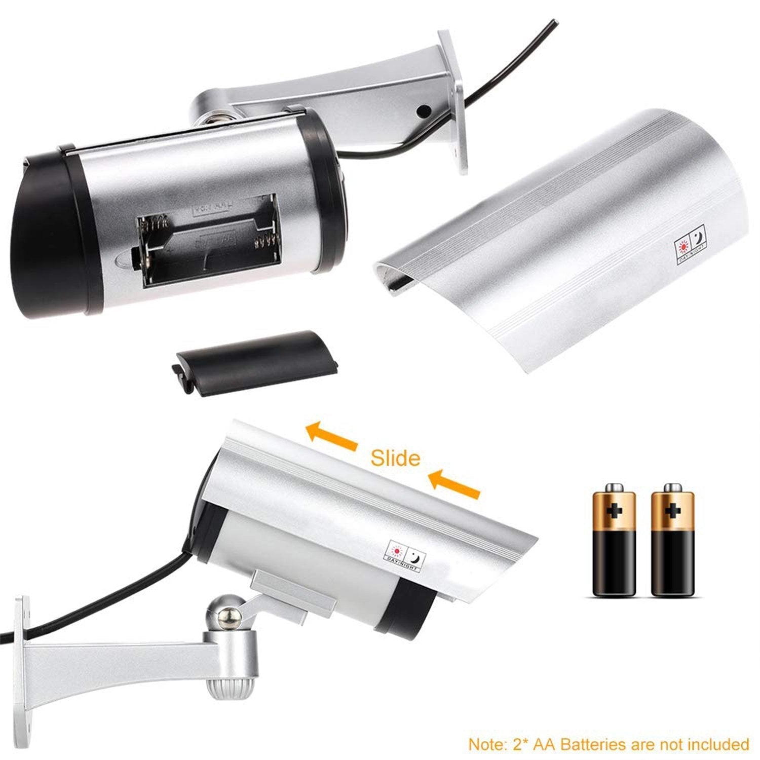 Fake outdoor CCTV camera with IR feature, enhances security appearance. Fake outdoor CCTV camera with IR feature, enhances security appearance.